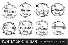 six family monograms in black and white, with the names of their families