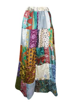 This elegant maxi skirt is hand-made with recycled silk sari, perfect to complete your beach look. The unique patchwork of multicolor patterns is stylish and breathable, making this skirt comfortable and ideal for warm summer days. With a length of 39", this skirt is available in sizes S/M. Fascinating boho maxi long skirt is made up of Recycle Silk fabric and the color gives it a classy look relaxible fitting. This long patchwork skirt has an elasticated waist for comfort.Vintage Style Patchwor Beach Patchwork Maxi Skirt, Patchwork Maxi Skirt For Beach, Green Bohemian Patchwork Maxi Skirt, Bohemian Green Patchwork Maxi Skirt, Hippie Multicolor Patchwork Maxi Skirt, Hippie Multicolor Maxi Skirt With Patchwork, Hippie Patchwork Multicolor Maxi Skirt, Multicolor Patchwork Maxi Skirt For Festivals, Multicolor Bohemian Maxi Skirt For Festivals