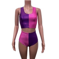 Cheshire Rave Outfit - Pink/Purple Sparkle Festival Set - Peridot Clothing Purple Workout Crop Top, Purple Crop Top For Summer Workout, Purple Workout Crop Top For Summer, Pink Fitted Rave Crop Top, Fitted Pink Rave Crop Top, Fitted Pink Crop Top For Rave, Purple Fitted Crop Top For Workout, Fitted Purple Crop Top For Workout, Purple Crop Top For Club