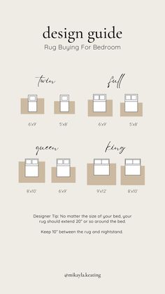 the design guide for rugs and bedding is shown in this graphic style, which includes