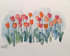 watercolor painting of red and orange tulips