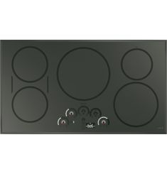 a black stove top with four burners and knobs on the bottom, in front of a white background