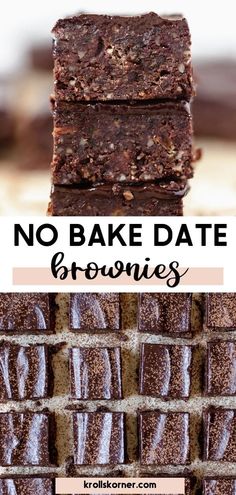 no bake date brownies stacked on top of each other with text overlay