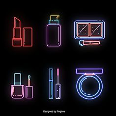 various neon lights on a black background, including lipstick, toiletries and other items