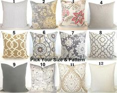 pillows with different patterns and sizes are shown in the image, along with text that says pick your size & pattern