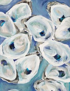 an oil painting of white seashells on a blue background