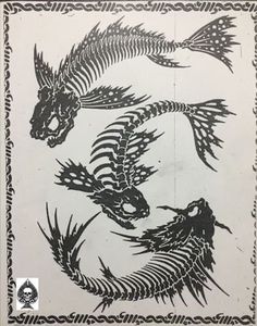 two black and white drawings of fish in the shape of a dragon on a sheet of paper