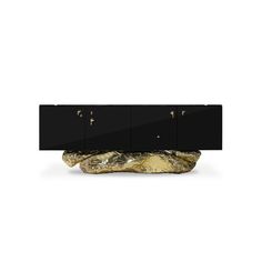 a black and gold sideboard with two drawers on one end, an open drawer in the other