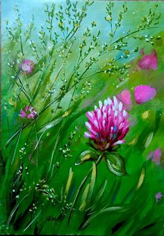 a painting of pink flowers and green grass