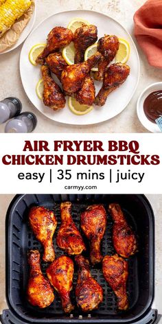 air fryer bbq chicken drumsticks with lemon slices and corn on the cob