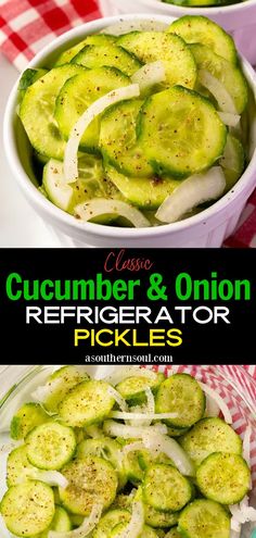 cucumber and onion refrigerator pickles in a bowl with the title above it