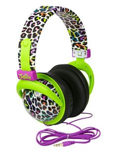 a pair of headphones that are green and purple with leopard print on the sides