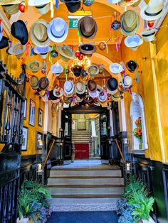 an entry way with many hats hanging from the ceiling and steps leading up to it