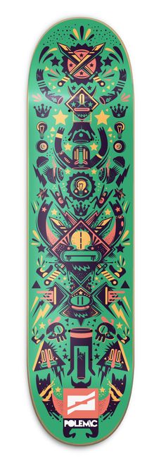 a green skateboard with designs on it