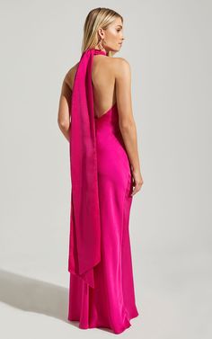 Alycia Maxi Dress - High Neck Tie Back Slip in Pink | Showpo USA Fushia Maxi Dress, Pink Maxi Dress Formal, Fuchsia Prom Dress, Raspberry Bridesmaid Dresses, Showpo Dress, Hot Pink Bridesmaid Dresses, Pink Bridesmaid Dresses Long, Hot Pink Bridesmaids, Halter Long Dress