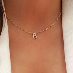 This 14k diamond initial necklace comes with a dainty paperclip chain. Perfect for layering or to gift someone special. M A T E R I A L & L E N G T H Available in 14k Yellow Gold, 14k Rose Gold, 14k White Gold, Sterling Silver Initial size: 10 mm Carat Weight: 0.35 - 0.40 ct. tw. Chain: Paperclip chain. Chain length: Can be made 14 to 18 inches Color: G Quality: SI-VS Additional Notes: * Non-Conflict Diamonds * Made in the USA C U R R E N T ∙ T U R N A R O U N D Processing Time: 1-2 weeeks Withi Diamond Initial Necklace, Sterling Silver Initial, Initial Necklace Gold, Gold Diamond Jewelry, Special Jewelry, Yellow Gold Pendants, Personalized Necklace, Quality Diamonds, Initial Necklace