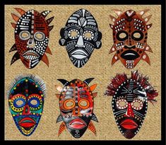 four masks with different colors and designs on the face, each painted in different styles