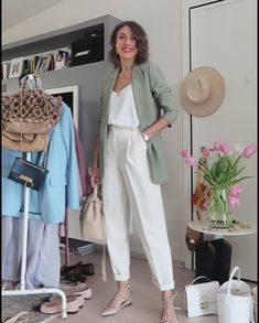 Sage Color Outfit, Spring Buissnes Outfits Woman, Modest Work Clothes, Casual Fancy Outfits Classy, Phd Defense Outfit, Light Green Blazer Outfits For Women, Blazer Outfits Office, Summer Realtor Outfits, Sage Green Blazer Outfit