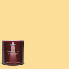 a red paint can with the words marjoiee on it in front of an orange background