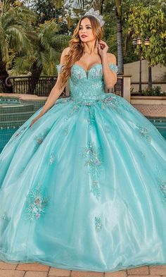 Dancing Queen 1850 - Floriated Ballgown Aquamarine Quinceanera Dresses, Aqua Quinceanera Dresses, Teal Quinceanera Dresses, Skirt Shapes, Dressy Gowns, Telugu Culture, Matric Dance Dresses, Quinceñera Dresses, Fashion Show Dresses