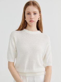 Composition : 54% cotton, 10% linen, 36% nylonColor : IvoryCountry of Origin : Republic of Korea Classic White Cotton Knit Top, White Fine Knit Top For Spring, Classic Lightweight Beige Sweater, Spring White Fine Knit Top, Elegant White Cotton Knit Top, Textured Knit Linen Top For Spring, Classic Beige Summer Sweater, Classic Crew Neck Summer Sweater, Classic White Fine Knit Top