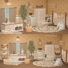 two pictures of a doll house with furniture and decorations