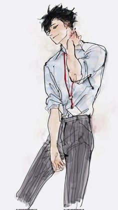 a drawing of a man with his hand on his face and wearing a shirt, pants, and tie