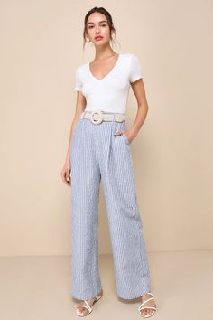 Blue and White Striped Pants - High-Rise Pants - Wide Leg Pants - Lulus White Wide Leg Pants For Business Casual, Chic Cotton Wide Leg Pants For Business Casual, Chic Cotton Bottoms For Day Out, Chic Blue Linen Pants, Chic Blue Cotton Wide Leg Pants, Chic Cotton Bottoms For Business Casual, Blue And White Striped Pants, French Outfit, Striped Wide Leg Pants