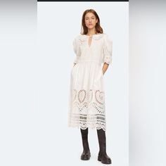 Sold Out Saint Foy Eyelet Smocked Dress By Sea Ny Chic Broderie Anglaise Midi Dress For Daywear, Broderie Anglaise Midi Dress For Daywear, Day Out Midi Dress With Broderie Anglaise, Pleated Jacket, Cottagecore Dress, Sea New York, New York Dresses, Sea Ny, York Dress