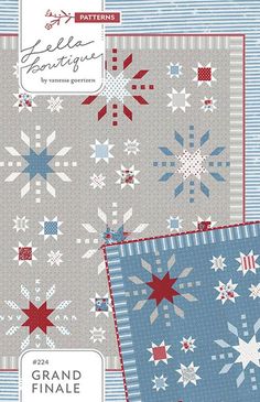 two quilts with red, white and blue snowflakes on the front and back