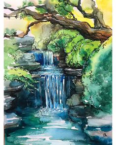 a watercolor painting of a waterfall in the woods with rocks and trees around it