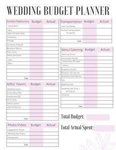 the wedding budget planner is shown in this printable version, with instructions to help you plan