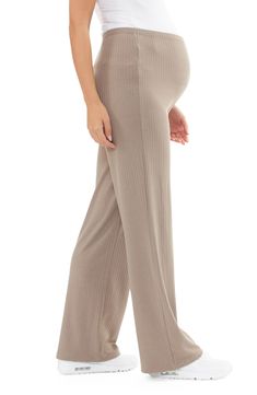 These ribbed pants cut in a straight-leg silhouette are so supersoft and stretchy that you'll want to wear them through your pregnancy and beyond. Pull-on style 78% polyester, 18% viscose, 4% elastane Machine wash, dry flat Imported Comfortable Stretch Ribbed Pants, Comfortable Fitted Ribbed Bottoms, Fitted Ribbed Comfortable Bottoms, Ribbed Stretch Straight Leg Bottoms, Straight Leg Ribbed Bottoms With Relaxed Fit, Ribbed Straight Leg Bottoms With Relaxed Fit, Maternity Wear Straight Leg Bottoms For Spring, Relaxed Fit Ribbed Straight Leg Bottoms, Relaxed Fit Straight Leg Ribbed Bottoms