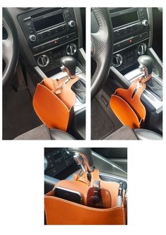 the interior of a car with an orange leather bag in front of it and two pictures of