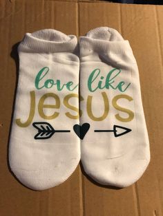 Love Like Jesus Inspirational socks. These socks are no show. Socks are 98% polyester and 2% spandex. Please choose your sock size. Contact me for discounts on team orders. Cute White Non-slip Socks, Cute Stretch White Socks, Cute White Stretch Socks, Cute White Socks With Letter Print, White Comfortable Non-slip Socks, White Non-slip Comfortable Socks, Comfortable Non-slip White Socks, White Cotton Socks For Gifts, White Cotton Socks As Gift