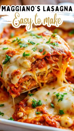 lasagna casserole with cheese and parsley on top in a white dish