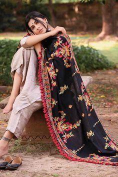 Buy Women's Khadi Embroidered Dupatta in Black Ethnic Dresses, Black Shawl, Winter Shawl, Suits Design, Indian Clothes, Ethnic Dress, Embroidery Suits, Pashmina Scarf, Fancy Outfits