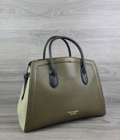 Kate Spade Satchel Medium Colorblock Leather Knott Handbag (Green) Green Top Handle Bag For Work, Green Top Handle Satchel With Leather Handles, Office Shoulder Bag With Coated Canvas And Handle Drop, Green Workwear Bag With Detachable Handle, Green Double Handle Bags For Work, Green Double Handle Bag For Work, Green Satchel Bag For Work, Green Double Handle Work Bags, Classic Green Satchel With Leather Handles