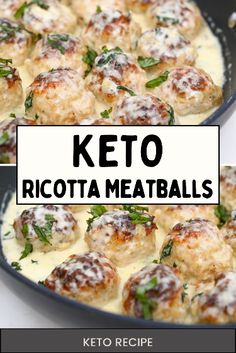 keto ricotta meatballs in a skillet with white sauce