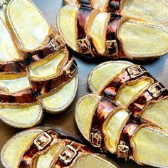 Details 1.5" x 3" x 4". Glass. Gold Open Toe Sandals As Gift, Biscuit Home, Birkenstock Sandals, Old World Christmas, Birkenstock, Sandals, Glass