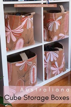 an australian cube storage box with pink flowers on it and text overlay that reads, australia cube storage boxes