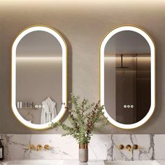 a bathroom with two oval mirrors above the sinks and a vase with flowers in front of it