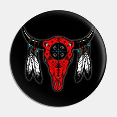 a red bull skull with feathers on it's head is shown in the center of a black circle