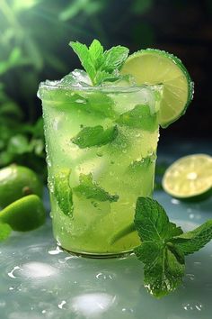 a green drink with lime and mint garnish