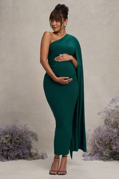 Amaryllis Bottle Green Maternity One Shoulder Maxi Dress with Cape Sleeve – Club L London - USA Formal Maternity Dress, Dress With Cape, Green Bodycon Dress, Maternity Wardrobe, One Shoulder Maxi Dress, Pregnancy Looks, Black Dress Prom, Pregnancy Wardrobe, Black Tie Gala