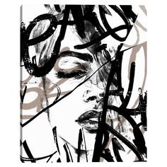 an abstract black and white painting with lines on the face, behind which is a woman's head