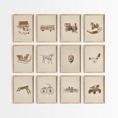 nine framed pictures with different types of vehicles and animals on them, all in various shapes and sizes