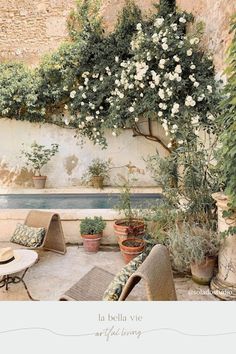 an outdoor patio with chairs, tables and potted plants next to a swimming pool