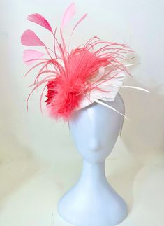 Coral Pink Kentucky Derby Hat, Coral Pink Derby Fascinator Hat Headband, Bright Coral Flower with Pink and Coral Marabou. with 3 ply Coral Ostrich Feather, on a White Texture Sinamay Disk Hat on a Headband. Message me if you need customization. Send me photos of your outfit Feather Trim Costume Hats For Kentucky Derby Races, Fitted Mini Hats With Ostrich Feathers For Kentucky Derby, Mini Hats With Feathers For Royal Ascot Races, Feathered Costume Hats And Headpieces For Races, Feathered Mini Hats For Royal Ascot Races, Mini Hat Headband With Feather Trim For Races, Fitted Mini Hats With Feather Trim For Kentucky Derby, Feathered Costume Hat For Races With Short Brim, Short Brim Costume Hats With Feather Trim For Races