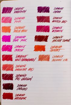 the different shades of lipstick on a notebook